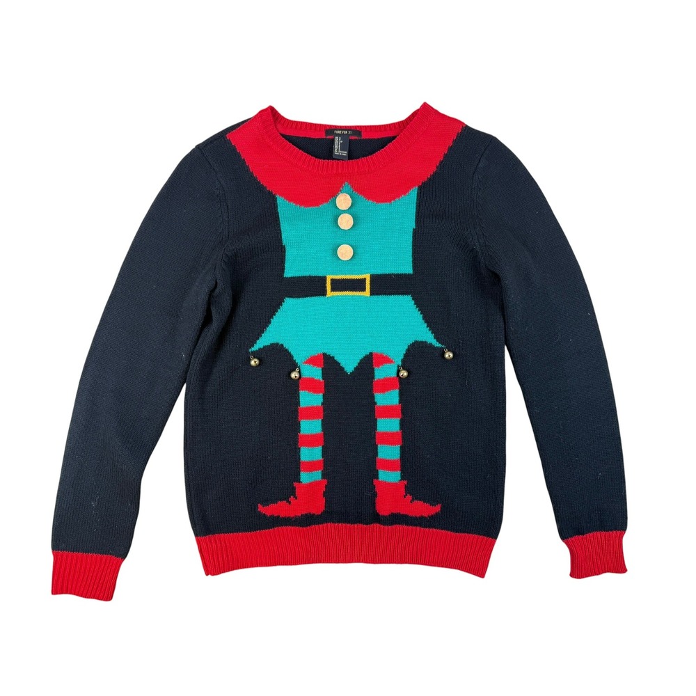 Christmas Holiday Elf Sweater Acrylic 3D Bells Small Forever 21